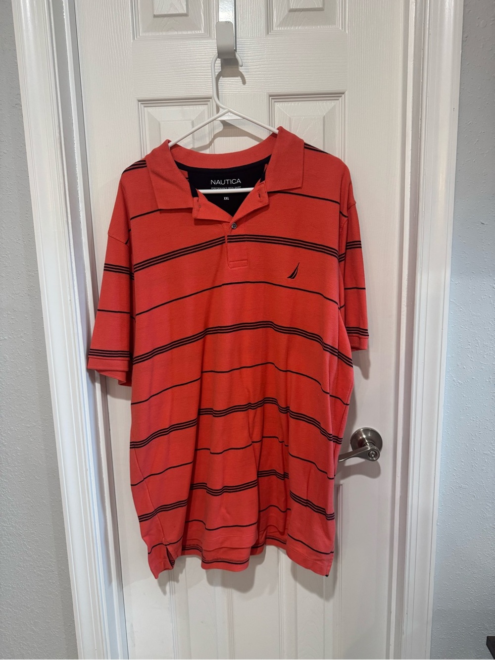 Nautica Orange-Red Polo with Black Stripes